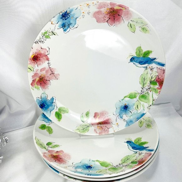222 Fifth Other - 222 Fifth Bastia Set Lot Of 4 Blue Bird Floral Dinner Plates 10 1/2" Fine China